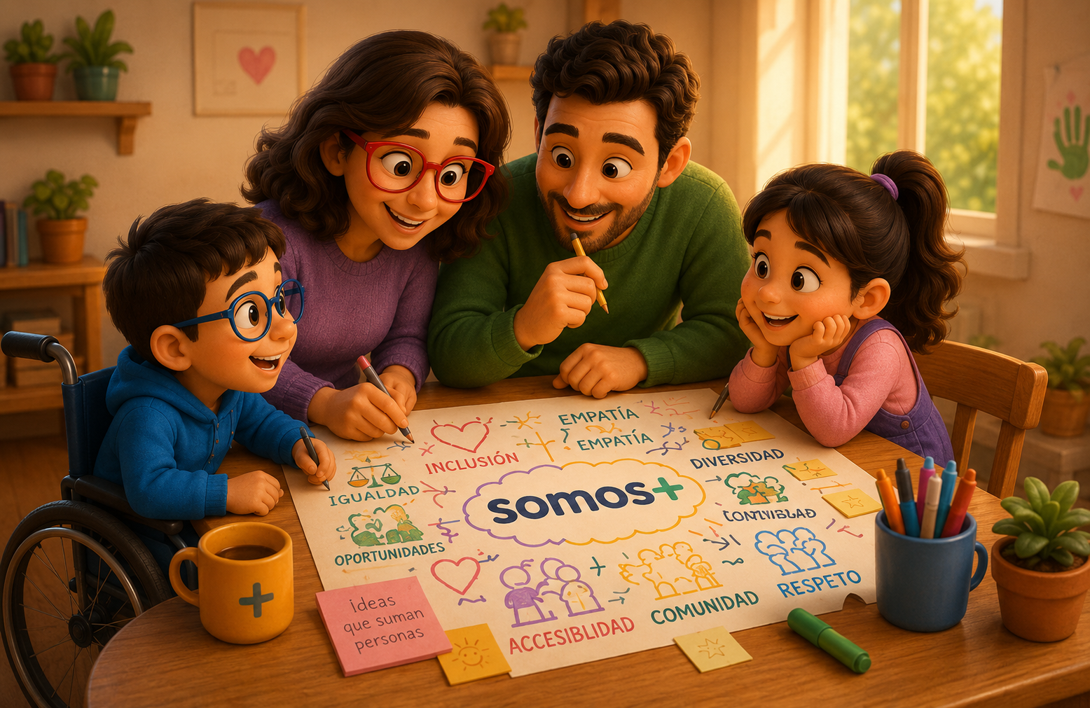 Familia y especialistas conectados en una comunidad inclusiva de apoyo y rehabilitación