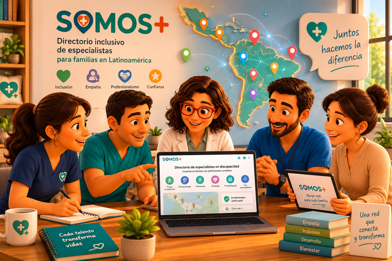 Especialistas y rehabilitadores haciendo parte del directorio inclusivo de Somos+ para apoyar a familias en Latinoamérica