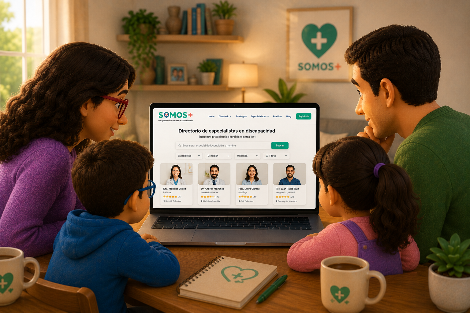 Familia explorando el directorio de especialistas en discapacidad de Somos+
