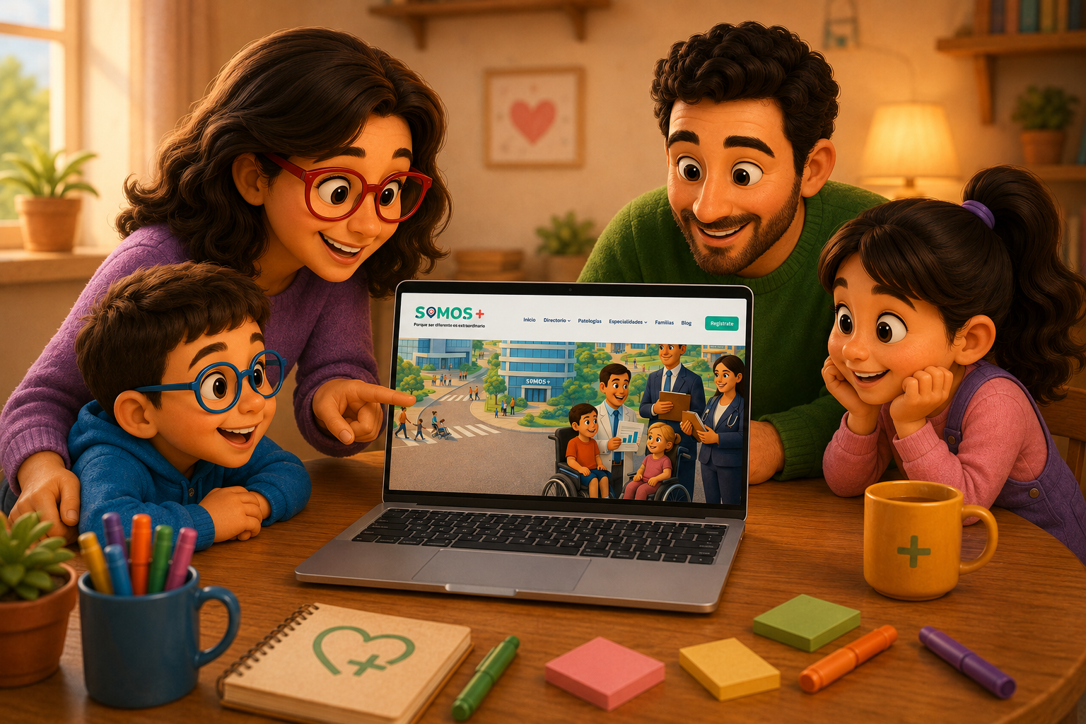 Familia explorando la plataforma inclusiva Somos+ junto a especialistas y aliados