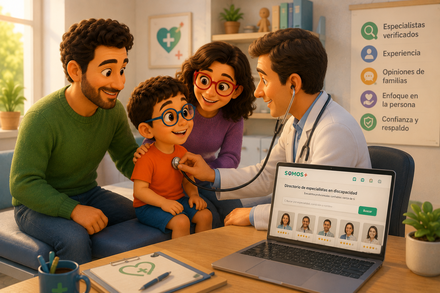Familia buscando especialistas en discapacidad y terapias infantiles dentro de Somos+
